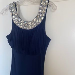 Backless navy blue Sherri Hill formal gown